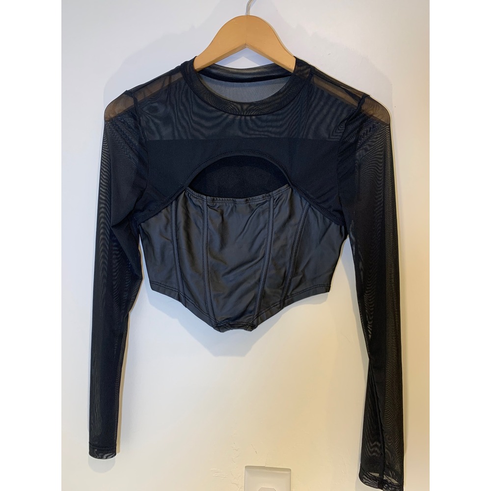 Mesh Cut-Out Corset Top S Faux Leather Night Out Baddie Womens Black edgy
